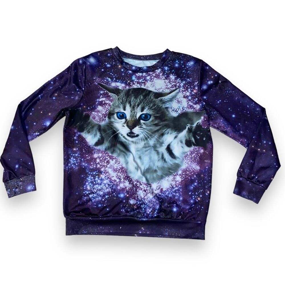 Amazing SuperCat Galaxy Cat Sweatshirt Size Large  Front Back Graphic Top